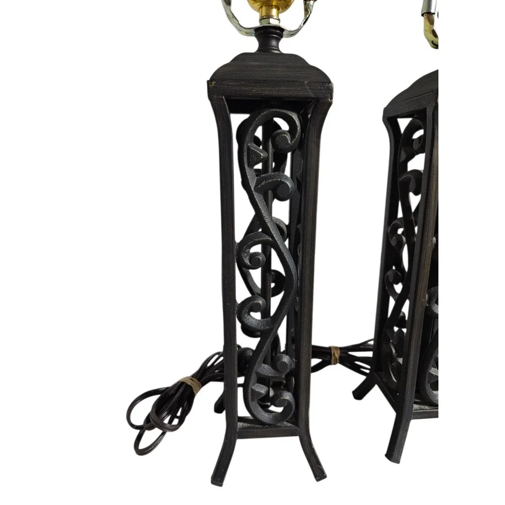 Pair Vintage Black Wrought Iron Table Lamps Gothic Spanish Revival Scrollwork